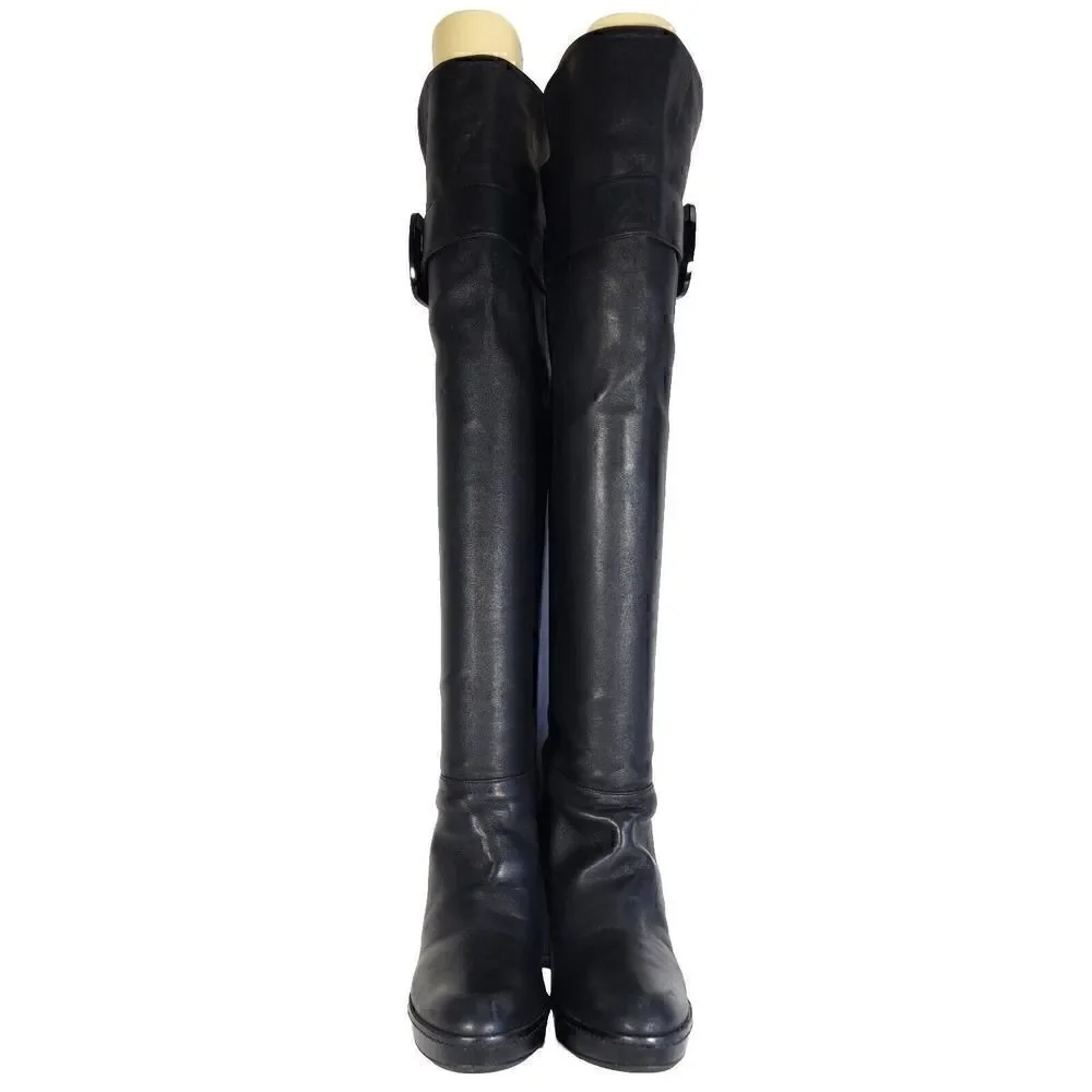 Stuart Weitzman Women's US7,5-8 Black Leather Buckle Heel PullOn Over Knee Boots